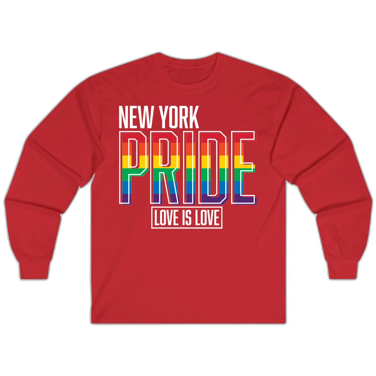 New York Pride Love Is Love design with bold rainbow-striped letters and pride flag colors on gray background in Red