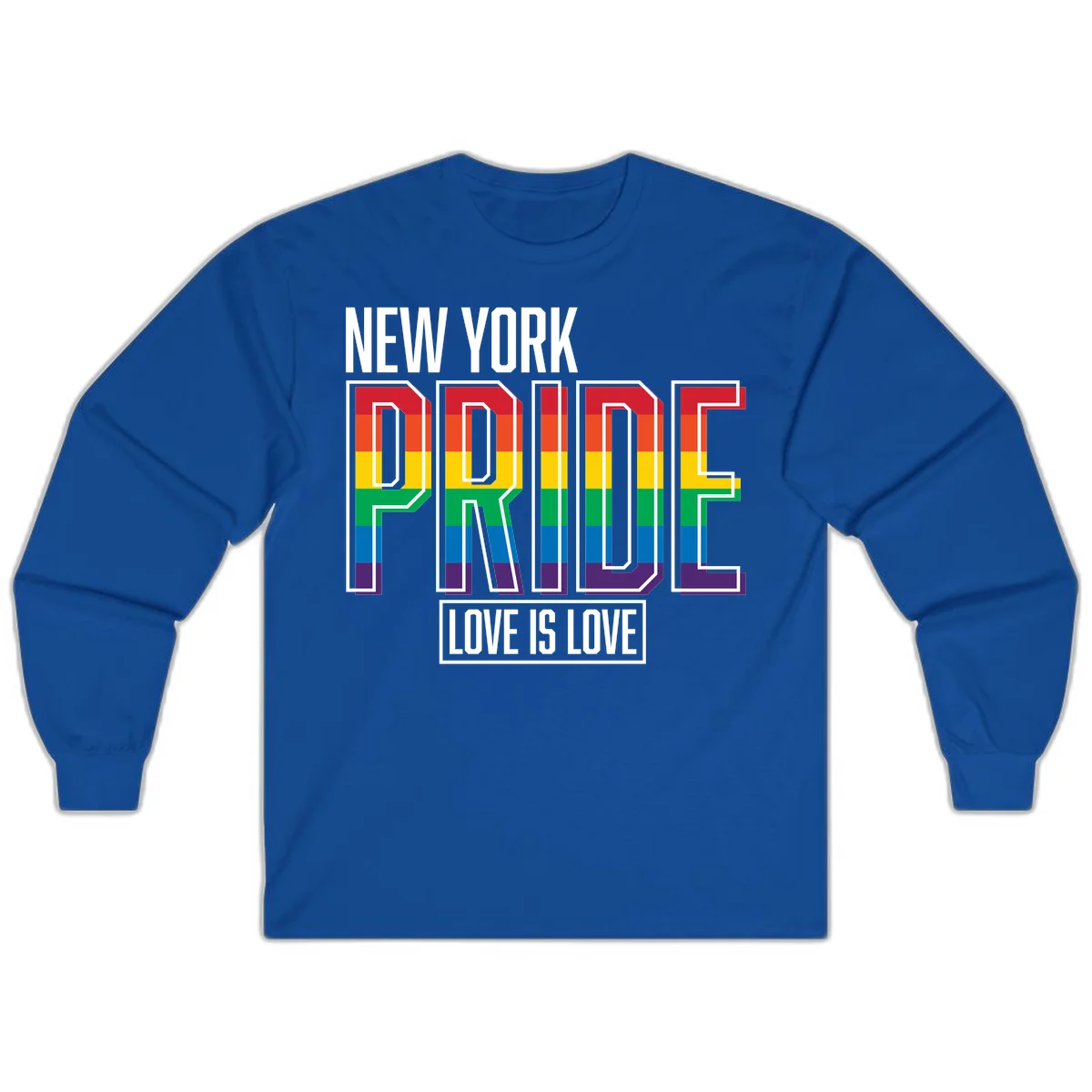 New York Pride Love Is Love design with bold rainbow-striped letters and pride flag colors on gray background in Royal