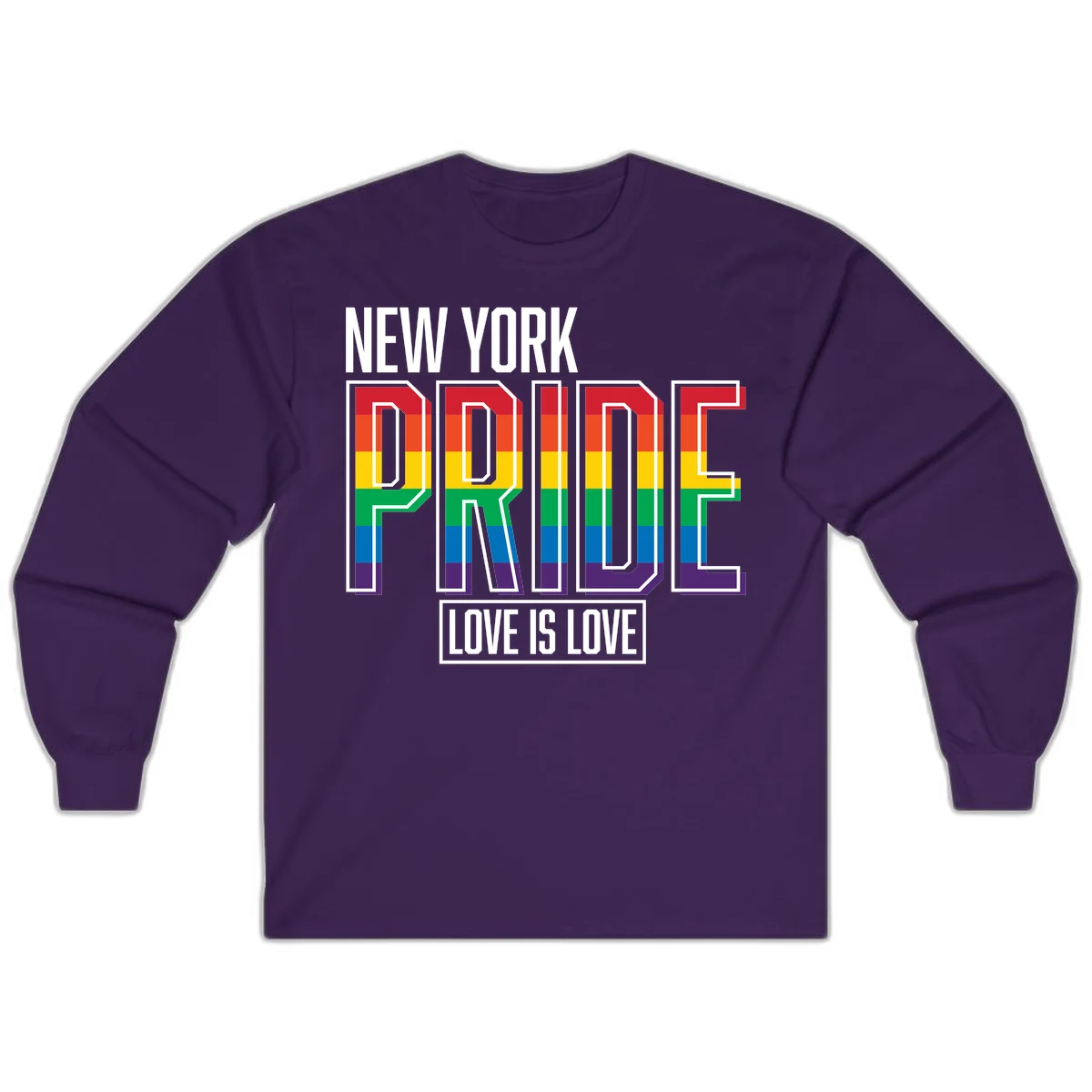 New York Pride Love Is Love design with bold rainbow-striped letters and pride flag colors on gray background in Purple