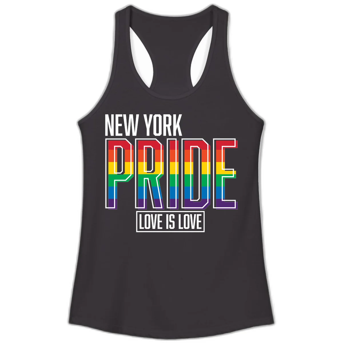 New York Pride Love Is Love design with bold rainbow-striped letters and pride flag colors on gray background in Black