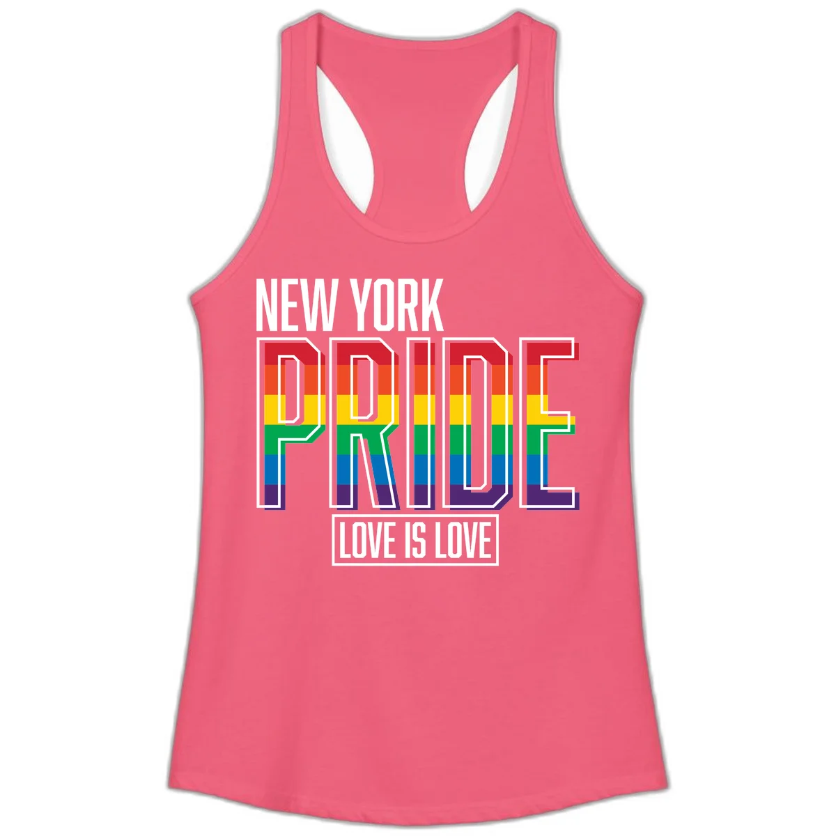 New York Pride Love Is Love design with bold rainbow-striped letters and pride flag colors on gray background in Hot Pink