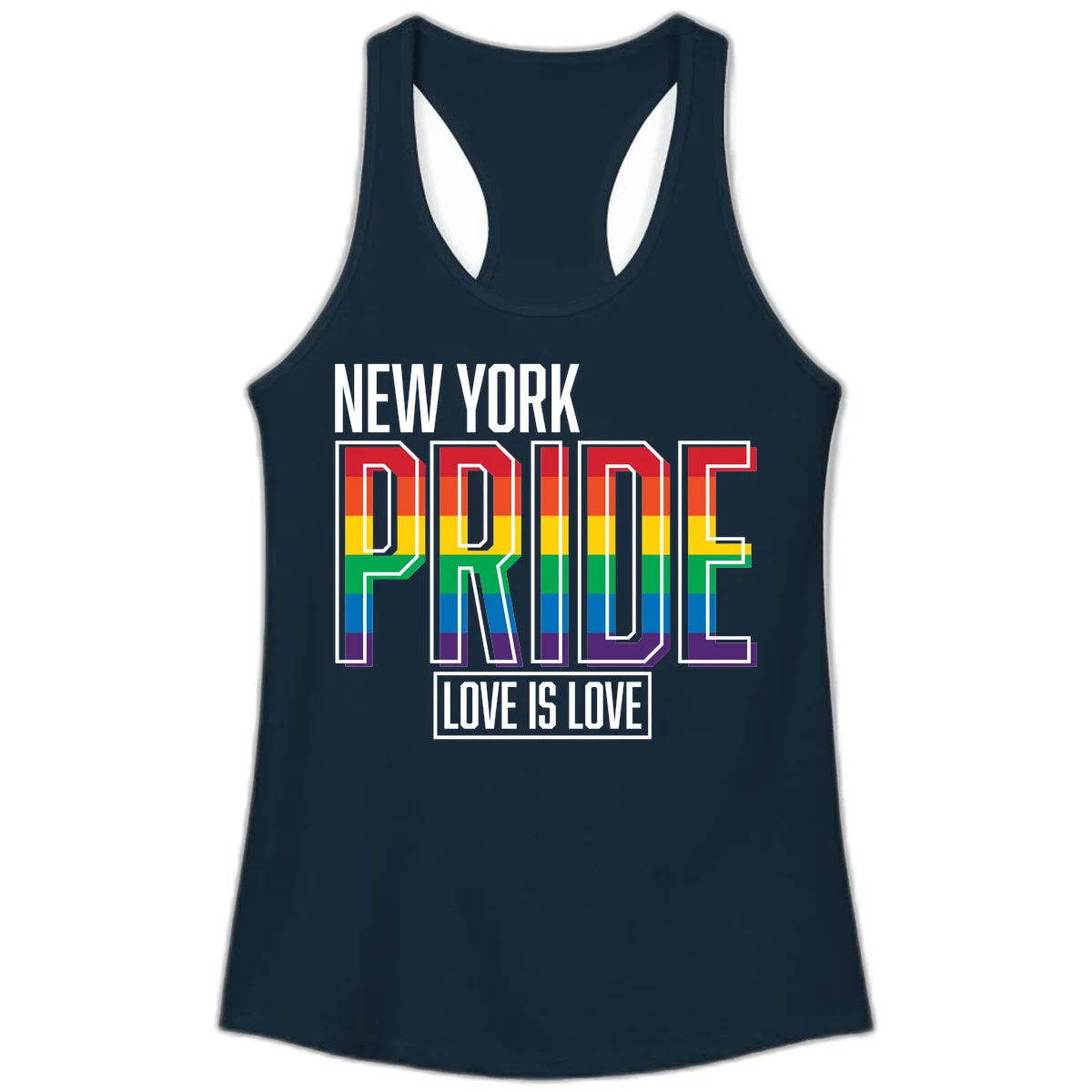 New York Pride Love Is Love design with bold rainbow-striped letters and pride flag colors on gray background in Solid Midnight Navy
