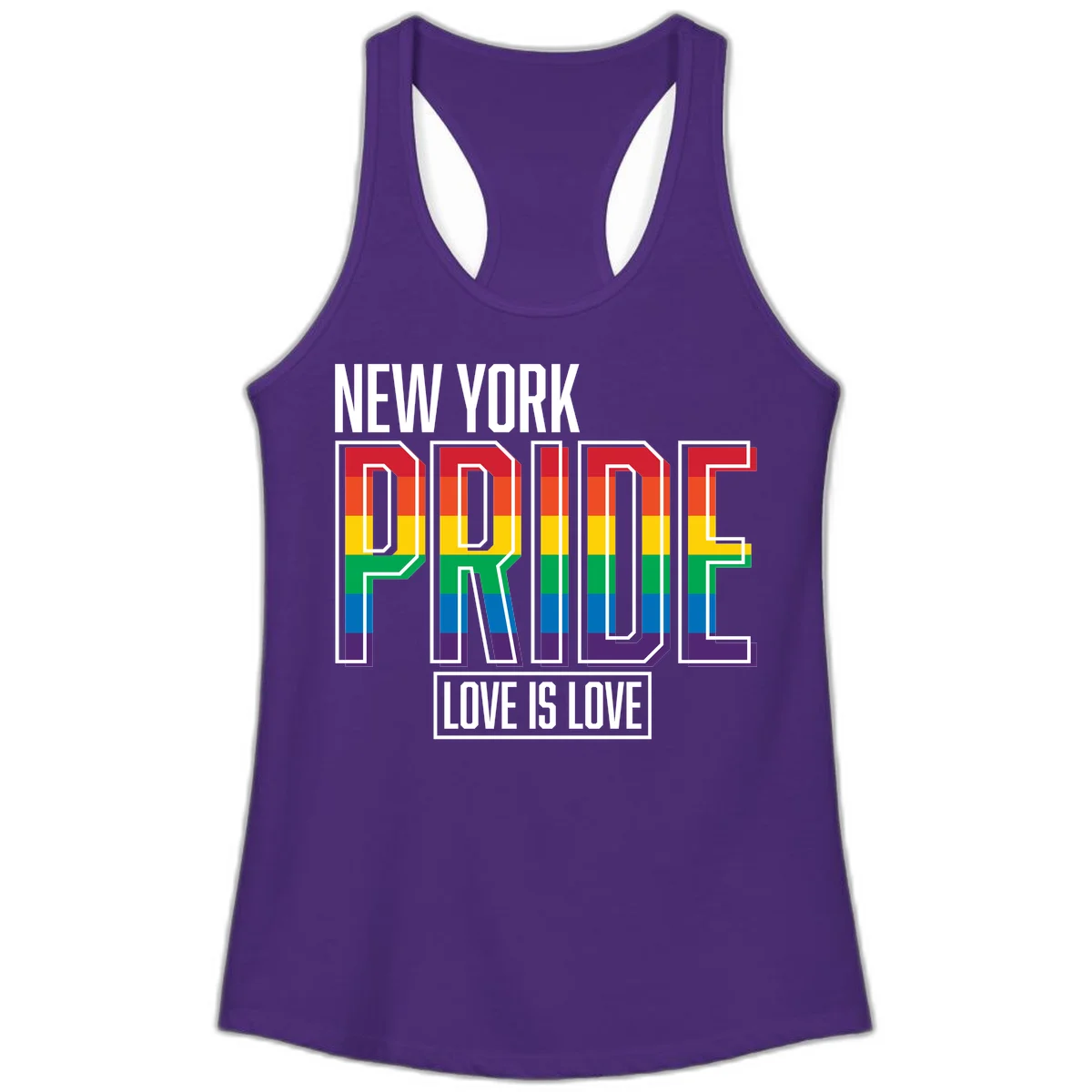 New York Pride Love Is Love design with bold rainbow-striped letters and pride flag colors on gray background in Solid Purple Rush