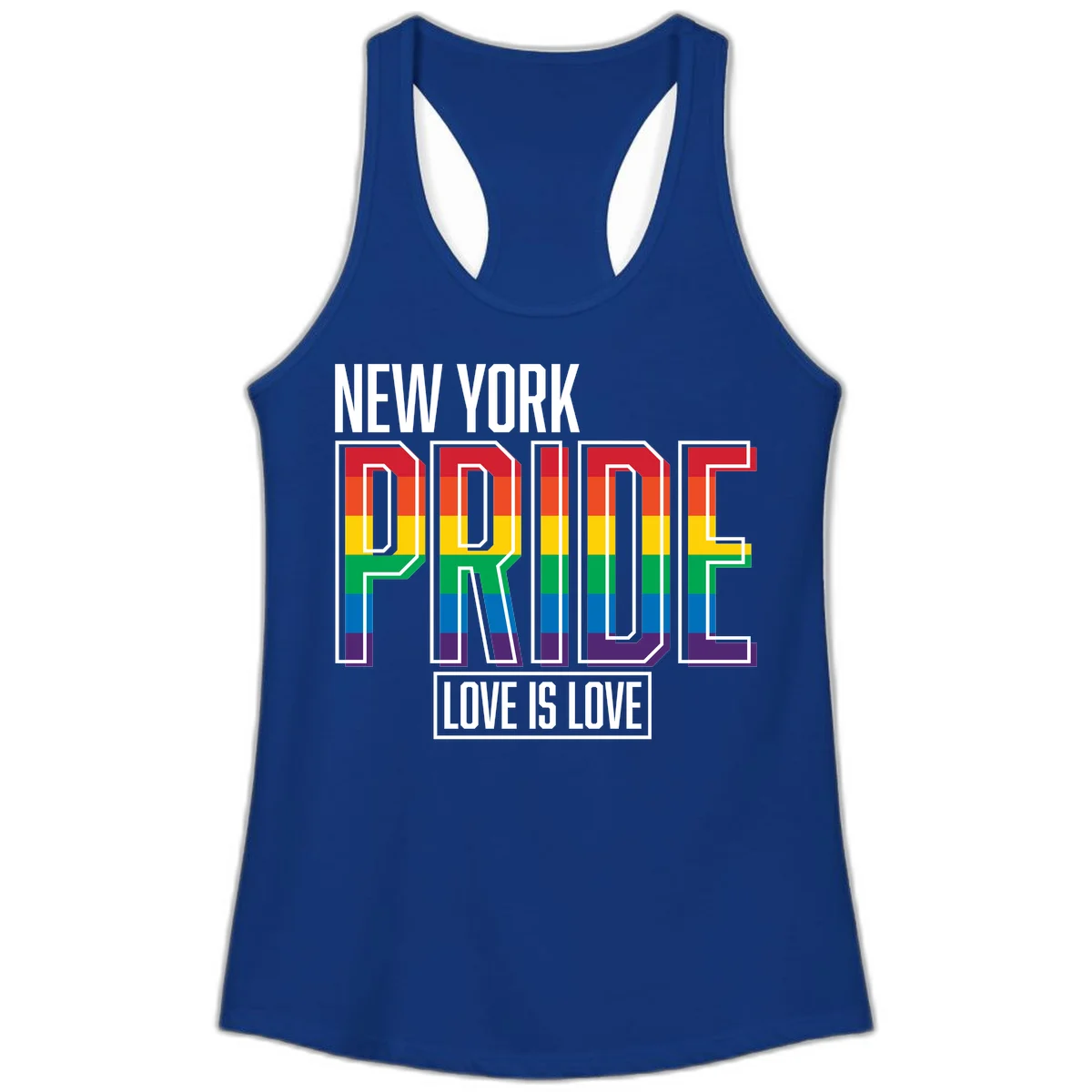 New York Pride Love Is Love design with bold rainbow-striped letters and pride flag colors on gray background in Solid Royal