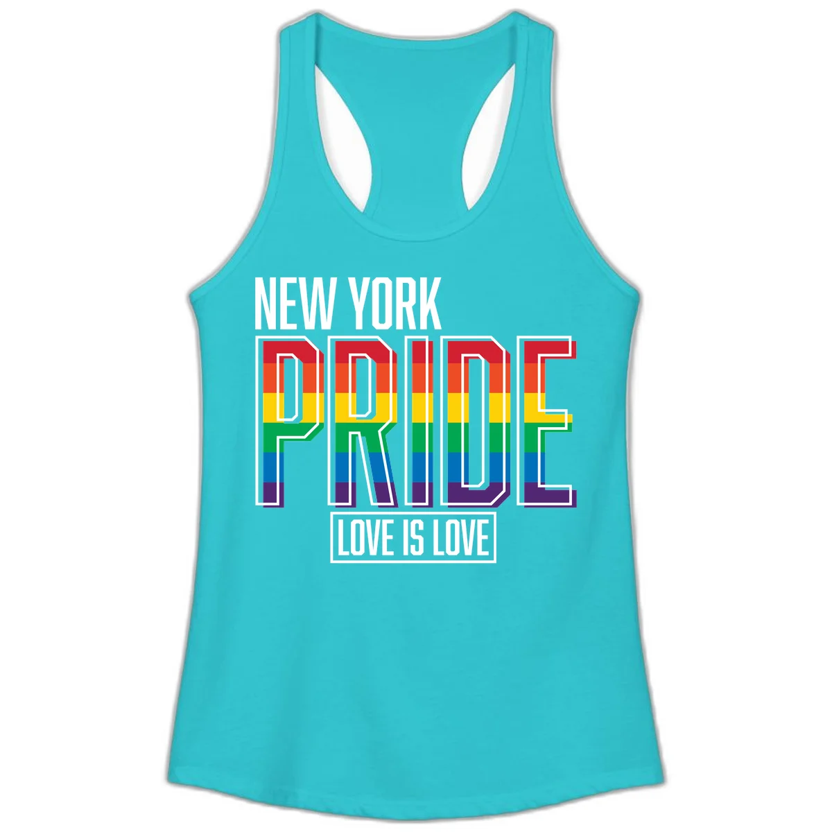 New York Pride Love Is Love design with bold rainbow-striped letters and pride flag colors on gray background in Solid Tahiti Blue