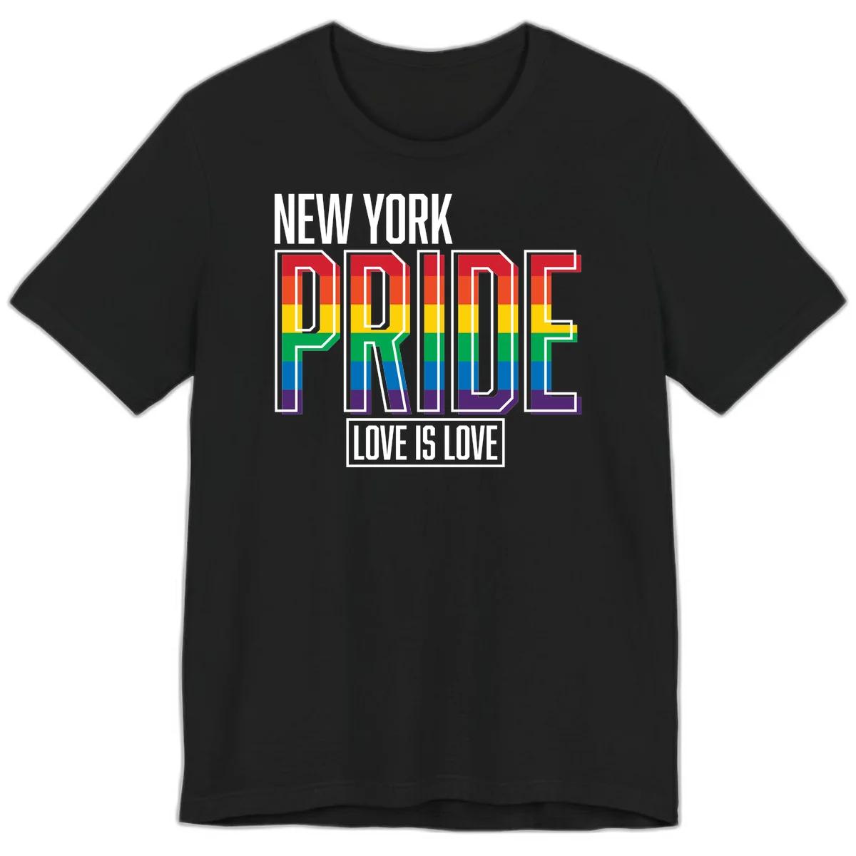 New York Pride Love Is Love design with bold rainbow-striped letters and pride flag colors on gray background in Black