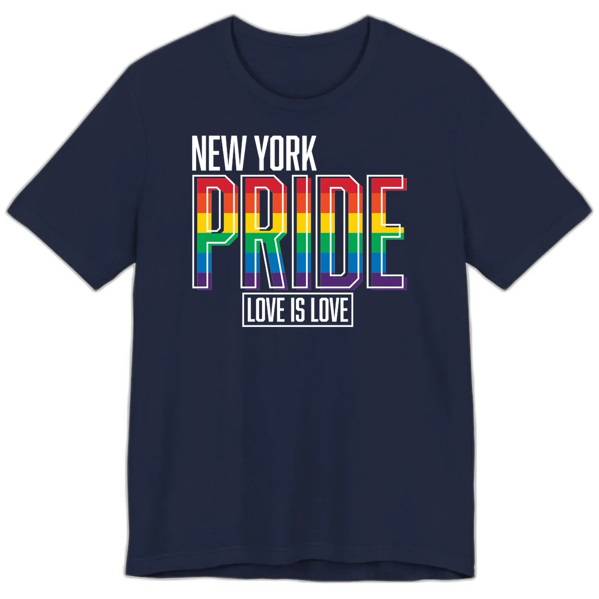 New York Pride Love Is Love design with bold rainbow-striped letters and pride flag colors on gray background in Navy