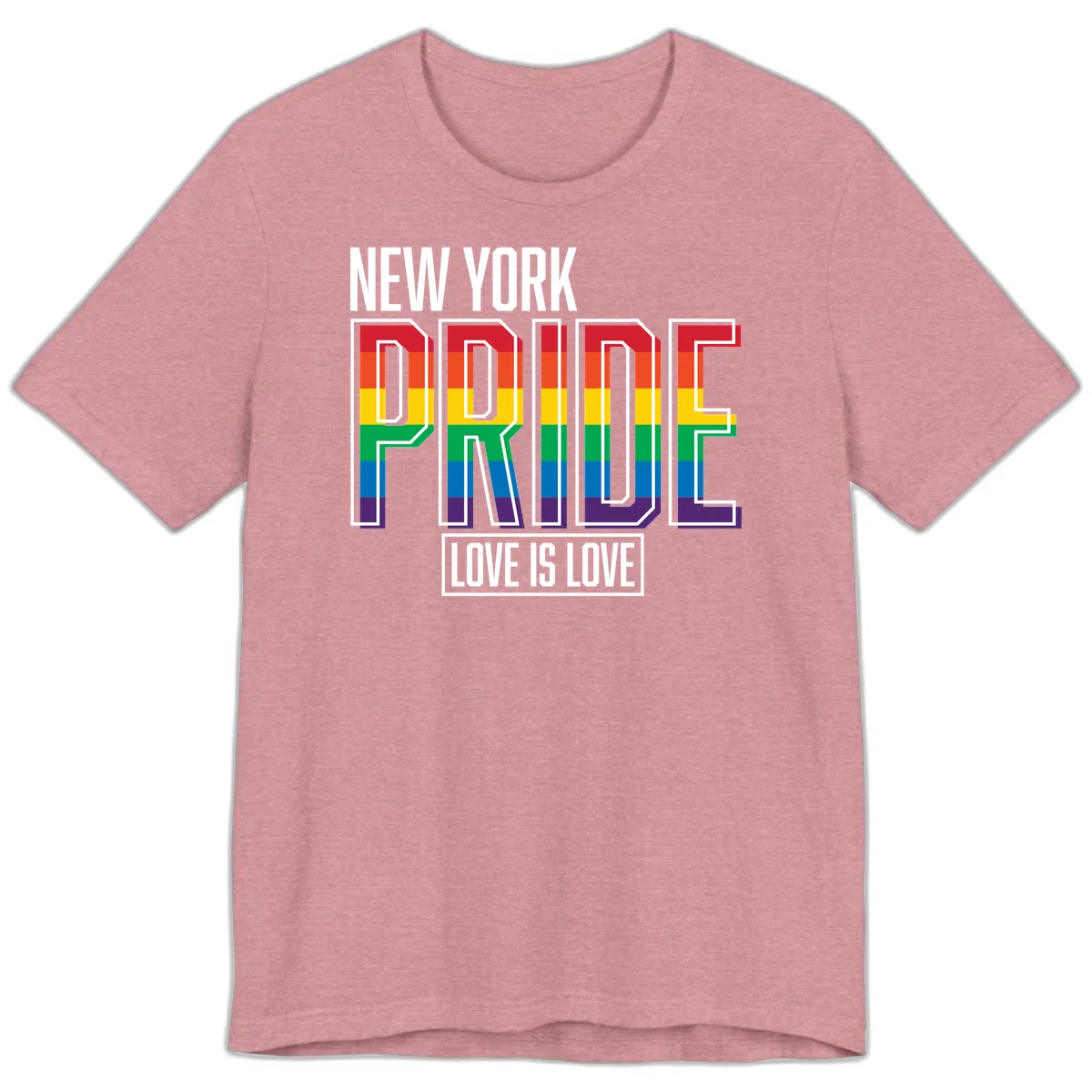 New York Pride Love Is Love design with bold rainbow-striped letters and pride flag colors on gray background in Heather Orchid