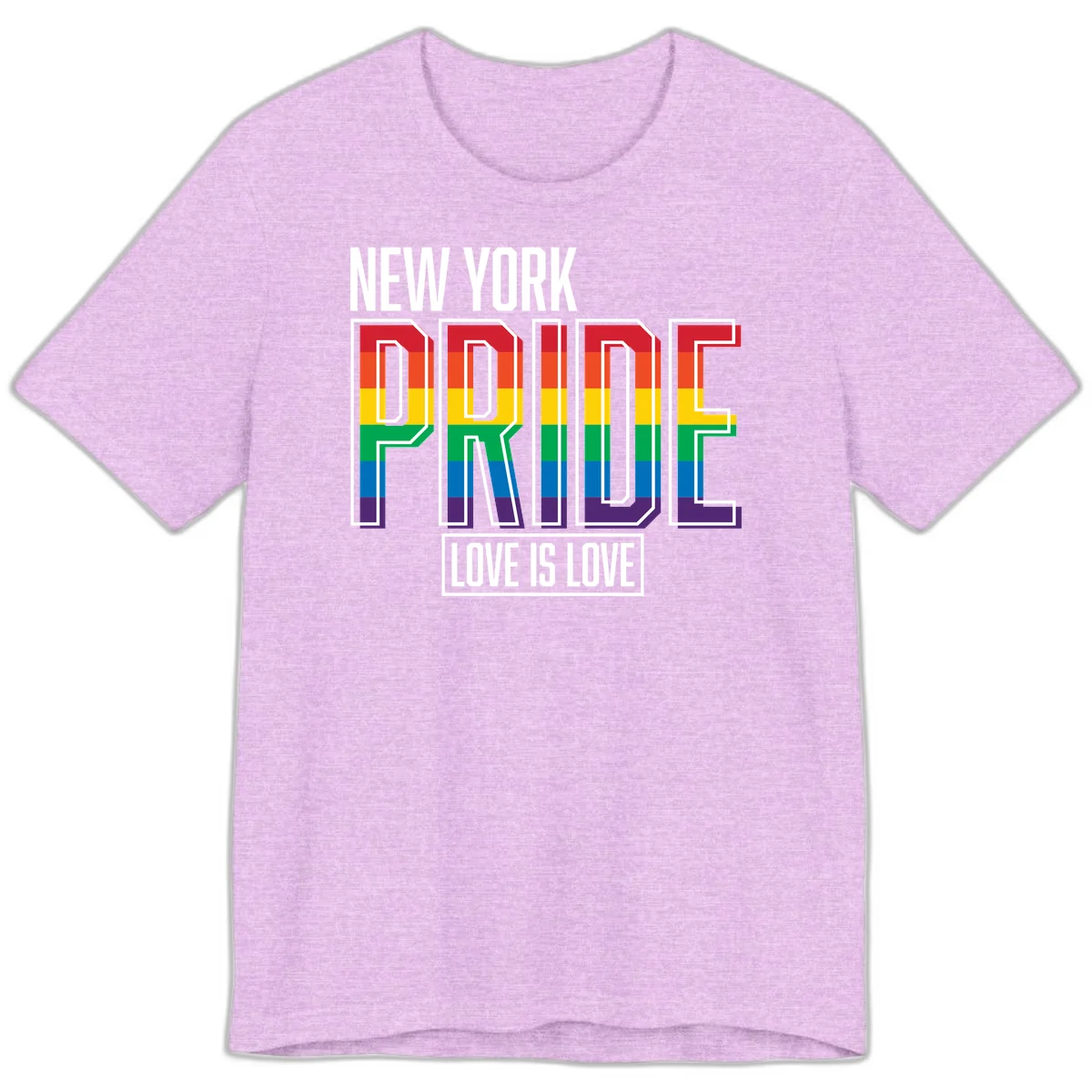 New York Pride Love Is Love design with bold rainbow-striped letters and pride flag colors on gray background in Heather Prism Lilac