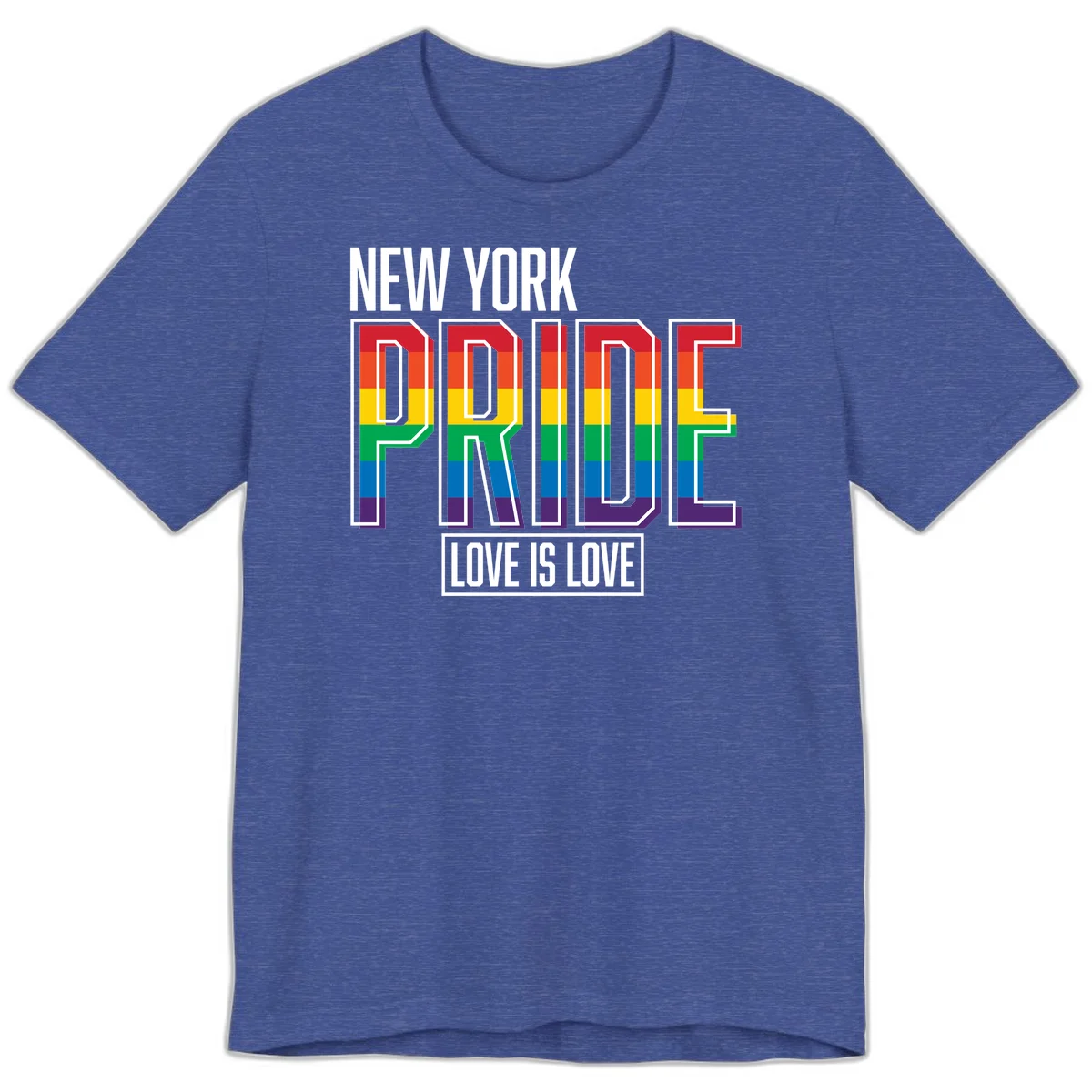 New York Pride Love Is Love design with bold rainbow-striped letters and pride flag colors on gray background in Heather True Royal