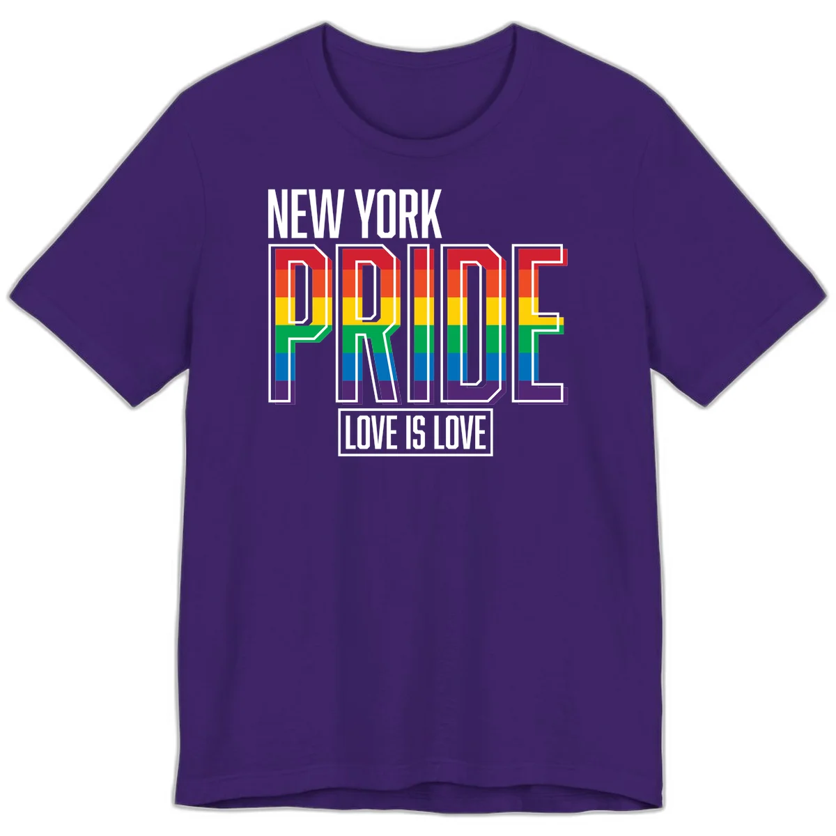 New York Pride Love Is Love design with bold rainbow-striped letters and pride flag colors on gray background in Team Purple