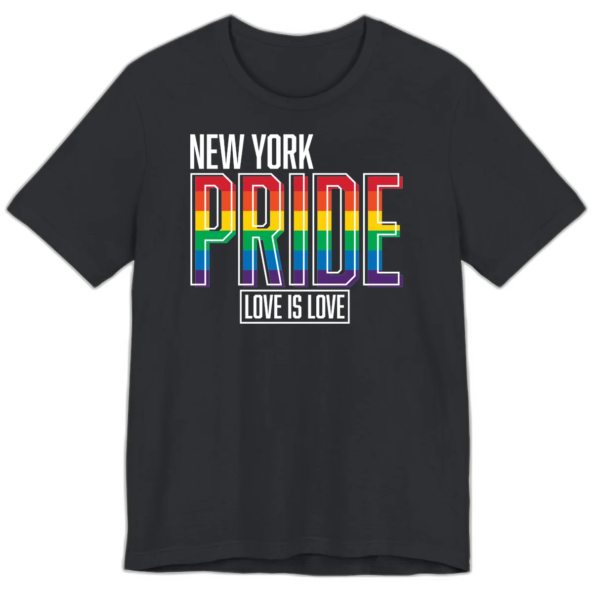 New York Pride Love Is Love design with bold rainbow-striped letters and pride flag colors on gray background in Vintage Black