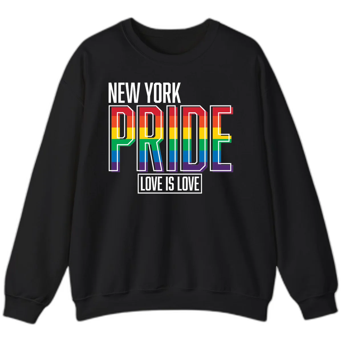 New York Pride Love Is Love design with bold rainbow-striped letters and pride flag colors on gray background in Black