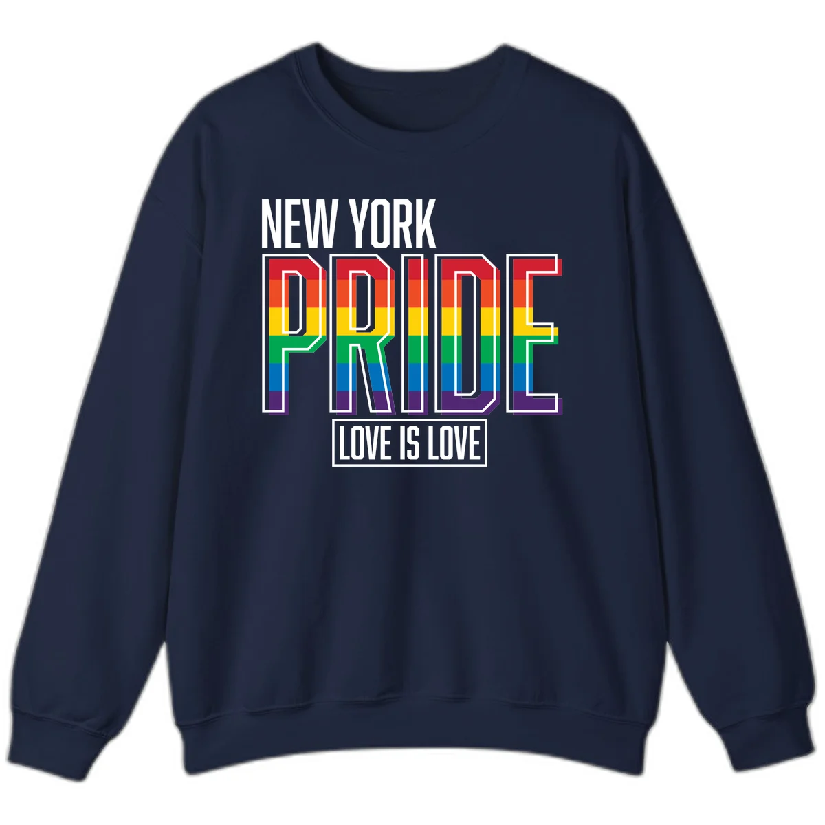 New York Pride Love Is Love design with bold rainbow-striped letters and pride flag colors on gray background in Navy