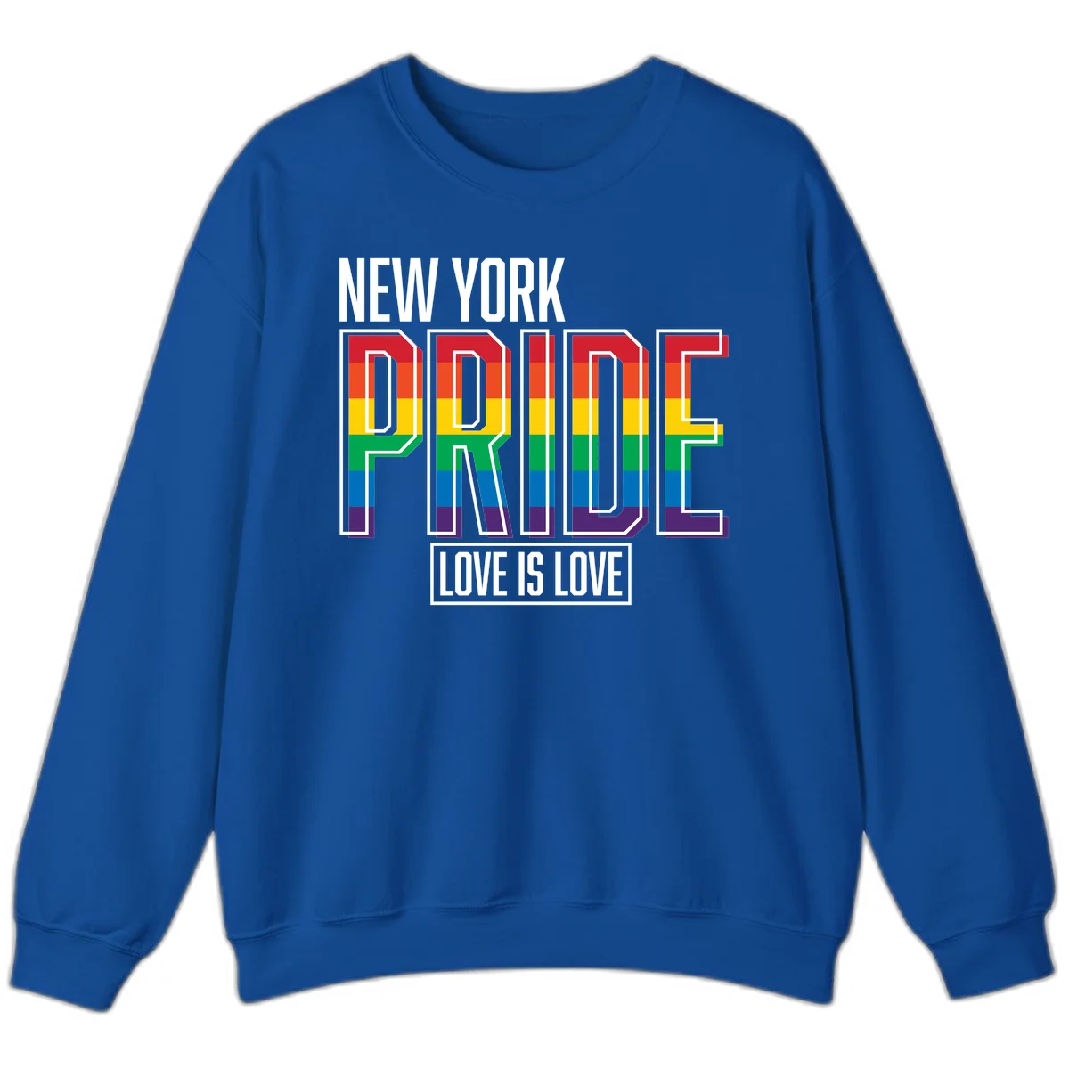 New York Pride Love Is Love design with bold rainbow-striped letters and pride flag colors on gray background in Royal