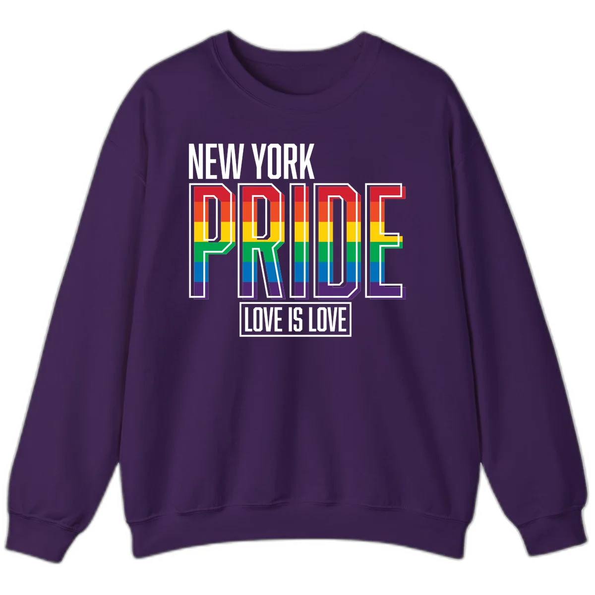 New York Pride Love Is Love design with bold rainbow-striped letters and pride flag colors on gray background in Purple