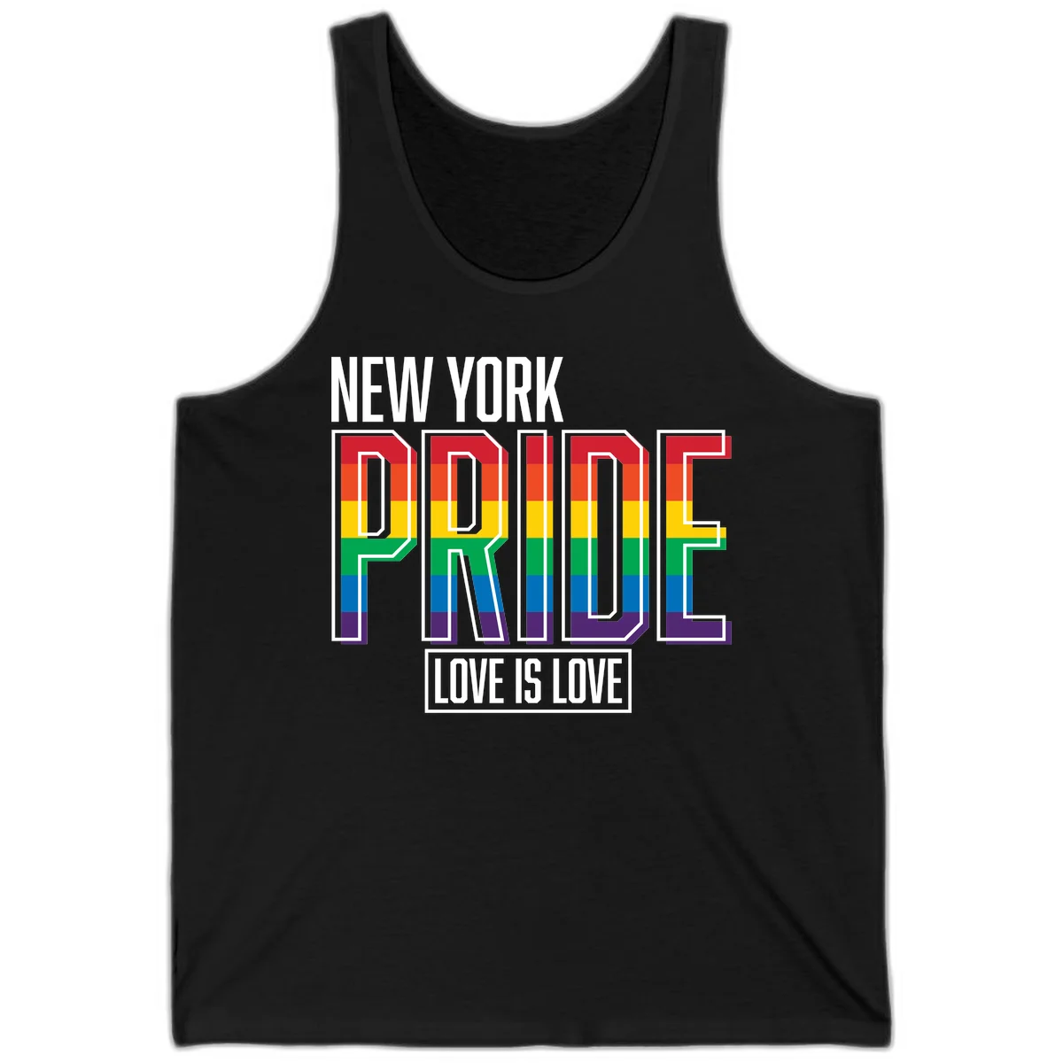New York Pride Love Is Love design with bold rainbow-striped letters and pride flag colors on gray background in Black