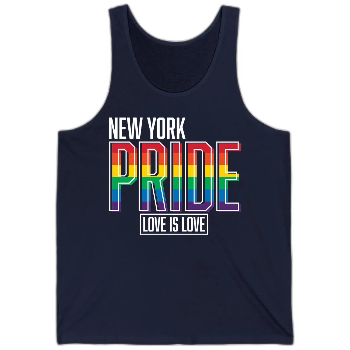 New York Pride Love Is Love design with bold rainbow-striped letters and pride flag colors on gray background in Navy