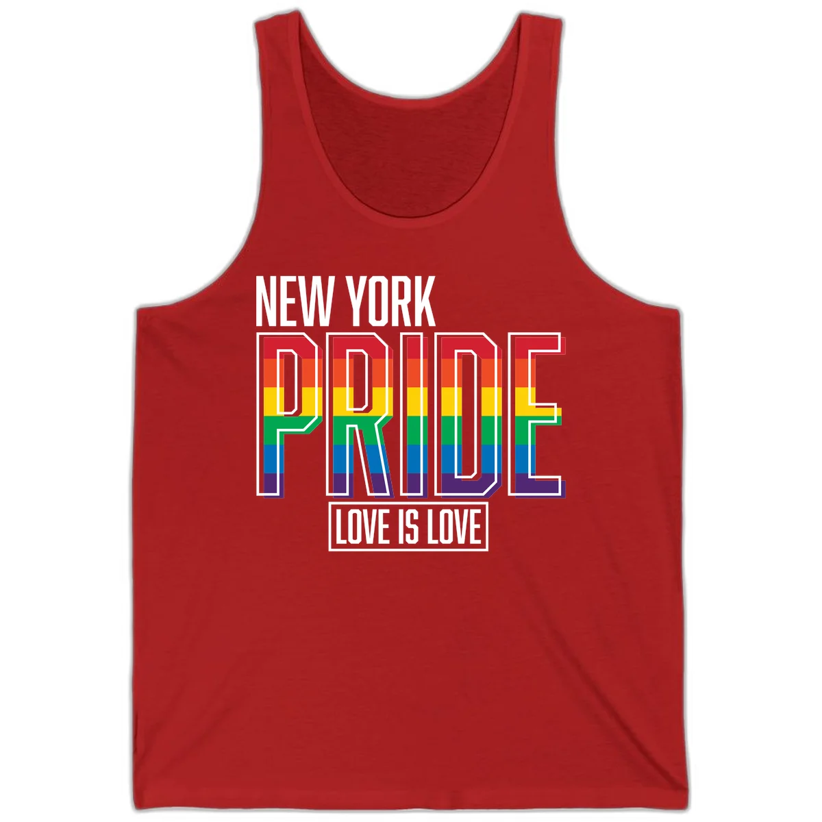 New York Pride Love Is Love design with bold rainbow-striped letters and pride flag colors on gray background in Red