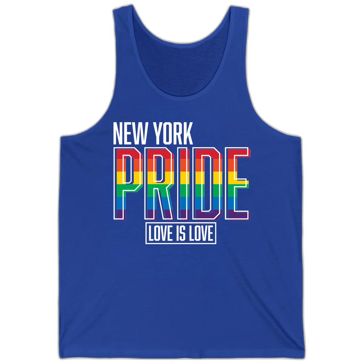 New York Pride Love Is Love design with bold rainbow-striped letters and pride flag colors on gray background in True Royal