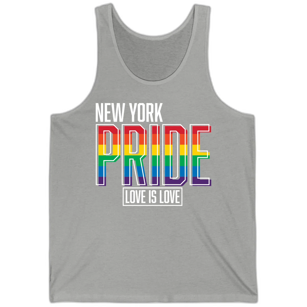 New York Pride Love Is Love design with bold rainbow-striped letters and pride flag colors on gray background in Athletic Heather