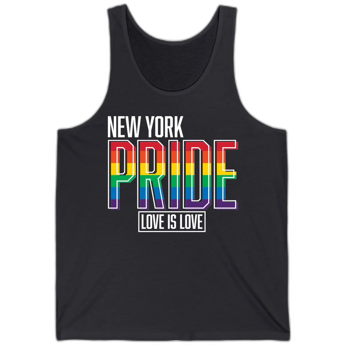 New York Pride Love Is Love design with bold rainbow-striped letters and pride flag colors on gray background in Dark Grey