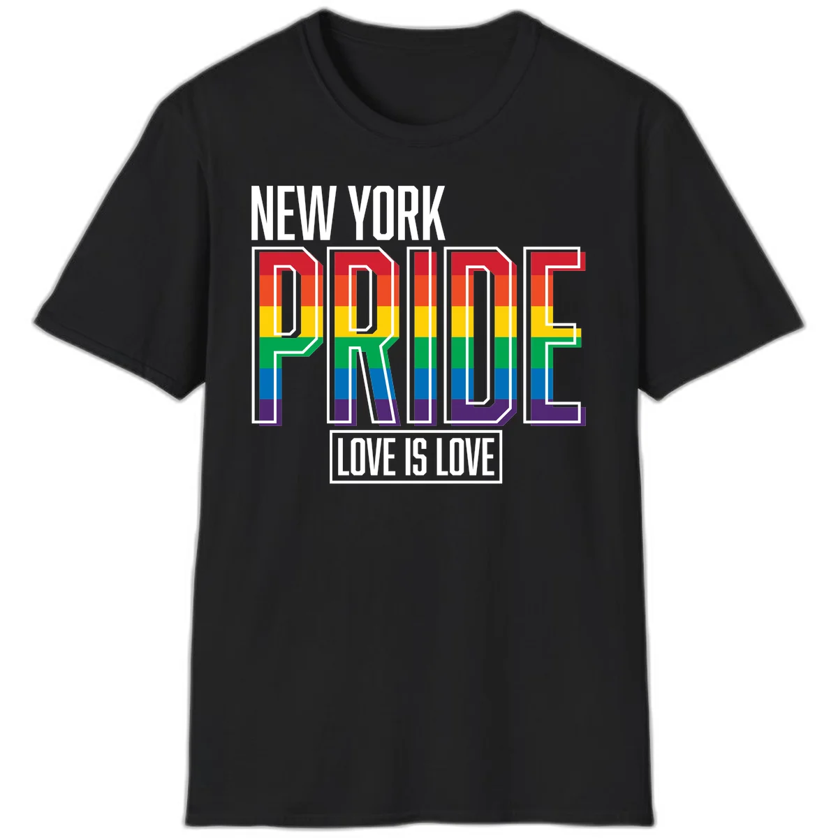 New York Pride Love Is Love design with bold rainbow-striped letters and pride flag colors on gray background in Black
