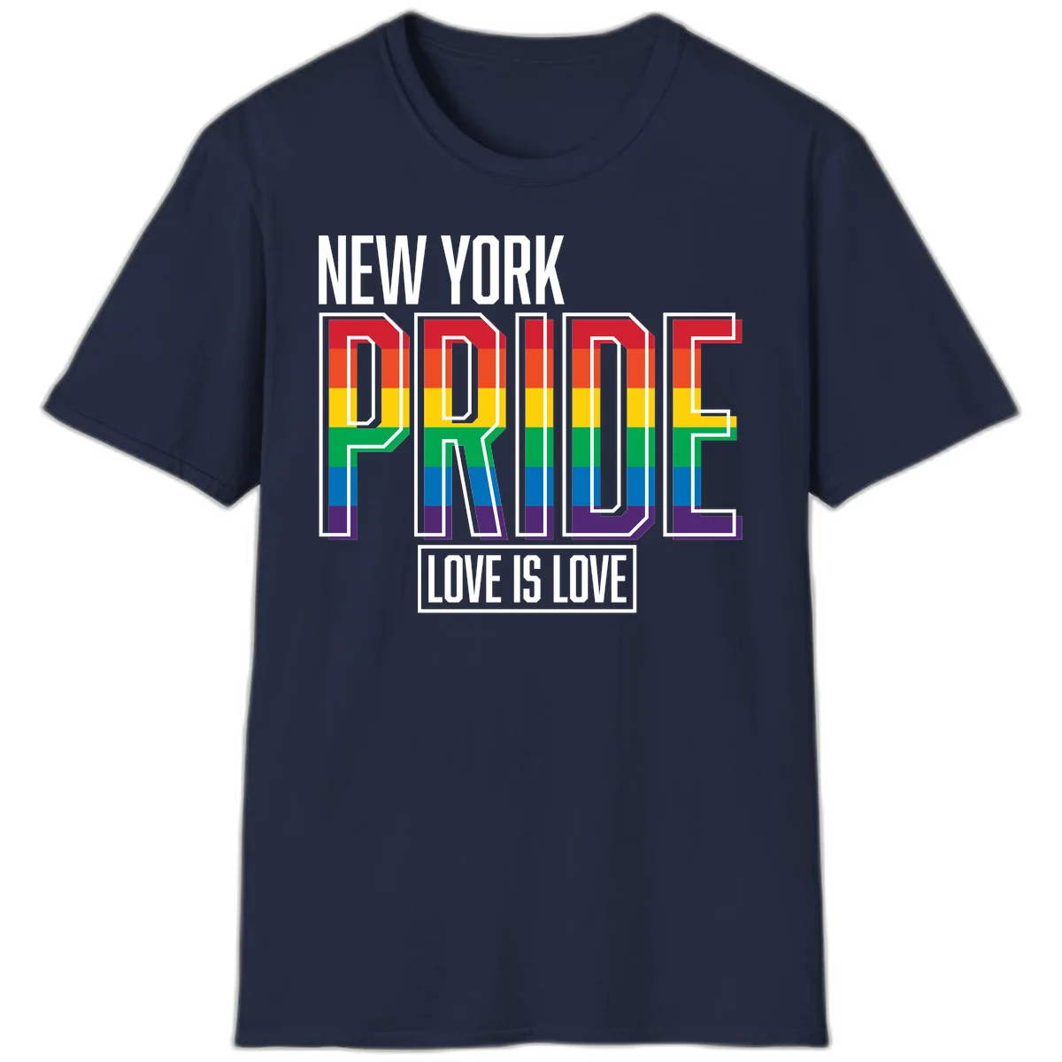 New York Pride Love Is Love design with bold rainbow-striped letters and pride flag colors on gray background in Navy