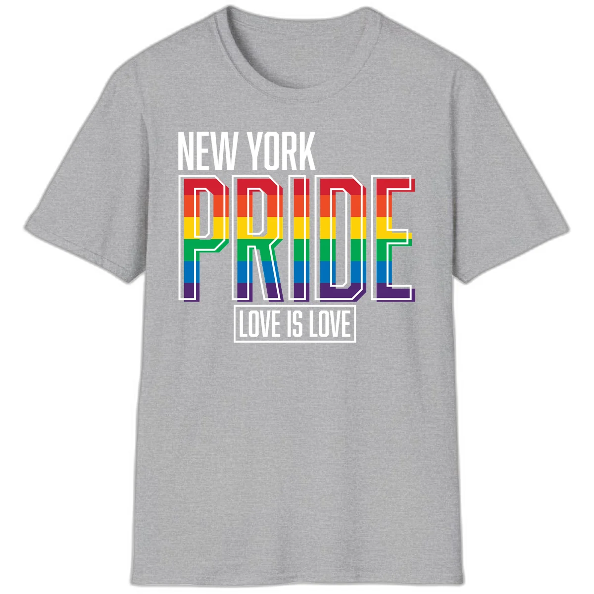 New York Pride Love Is Love design with bold rainbow-striped letters and pride flag colors on gray background in Sport Grey