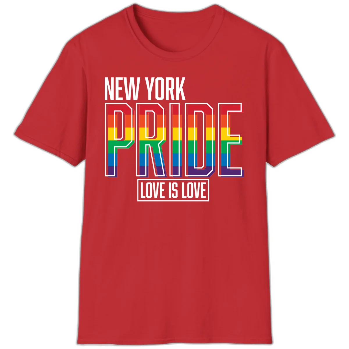 New York Pride Love Is Love design with bold rainbow-striped letters and pride flag colors on gray background in Red