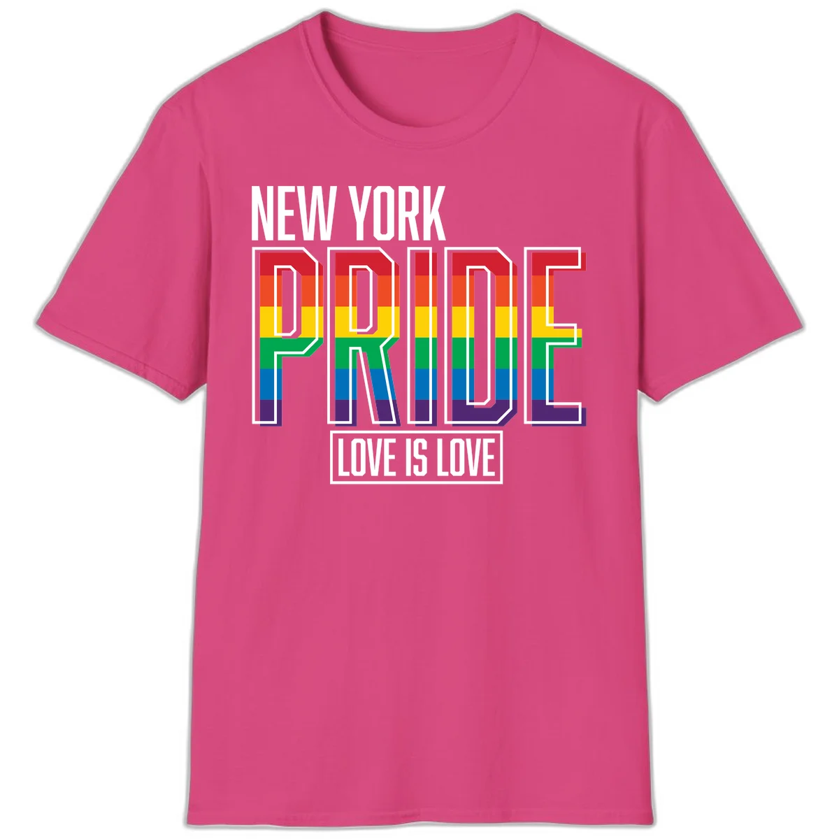 New York Pride Love Is Love design with bold rainbow-striped letters and pride flag colors on gray background in Heliconia