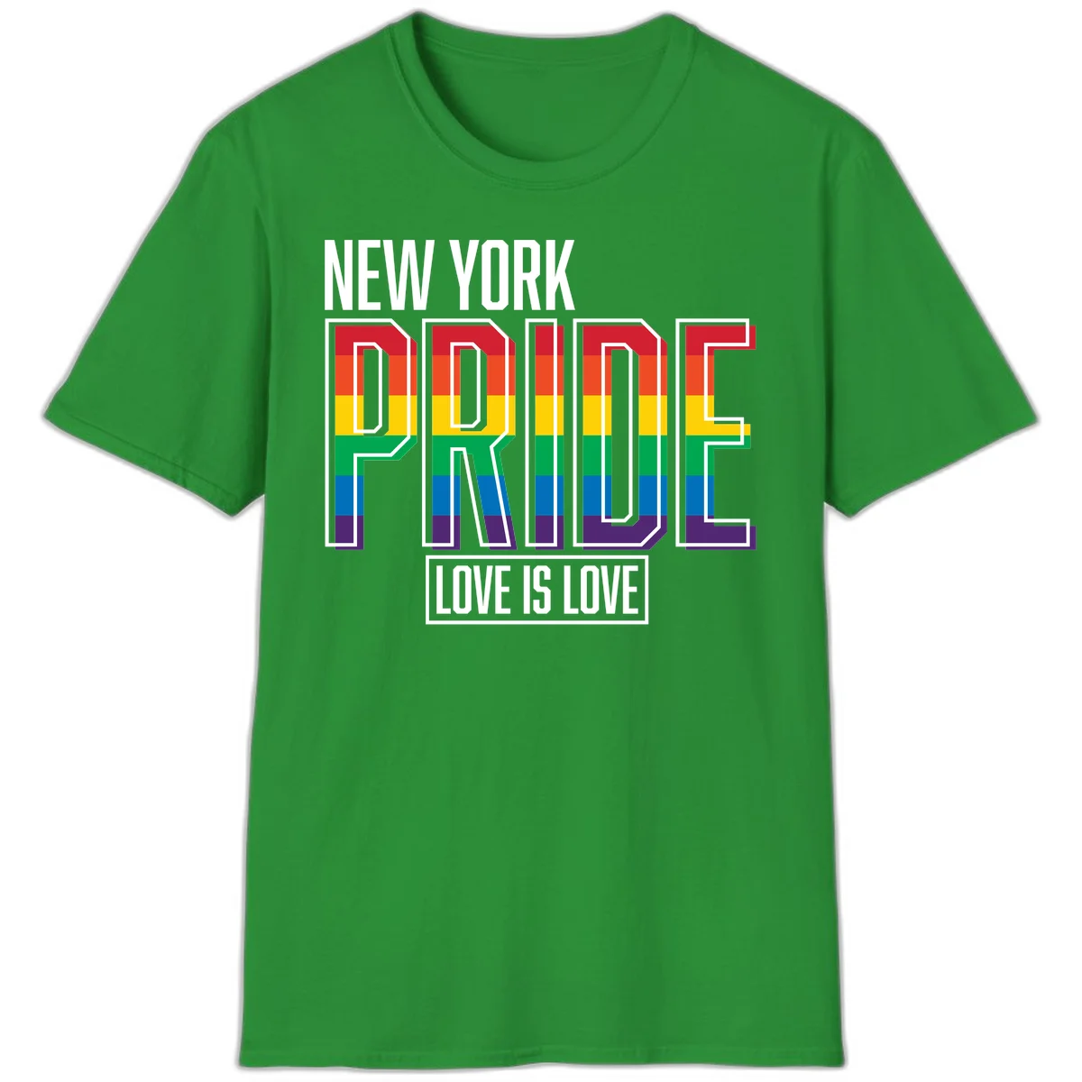 New York Pride Love Is Love design with bold rainbow-striped letters and pride flag colors on gray background in Irish Green