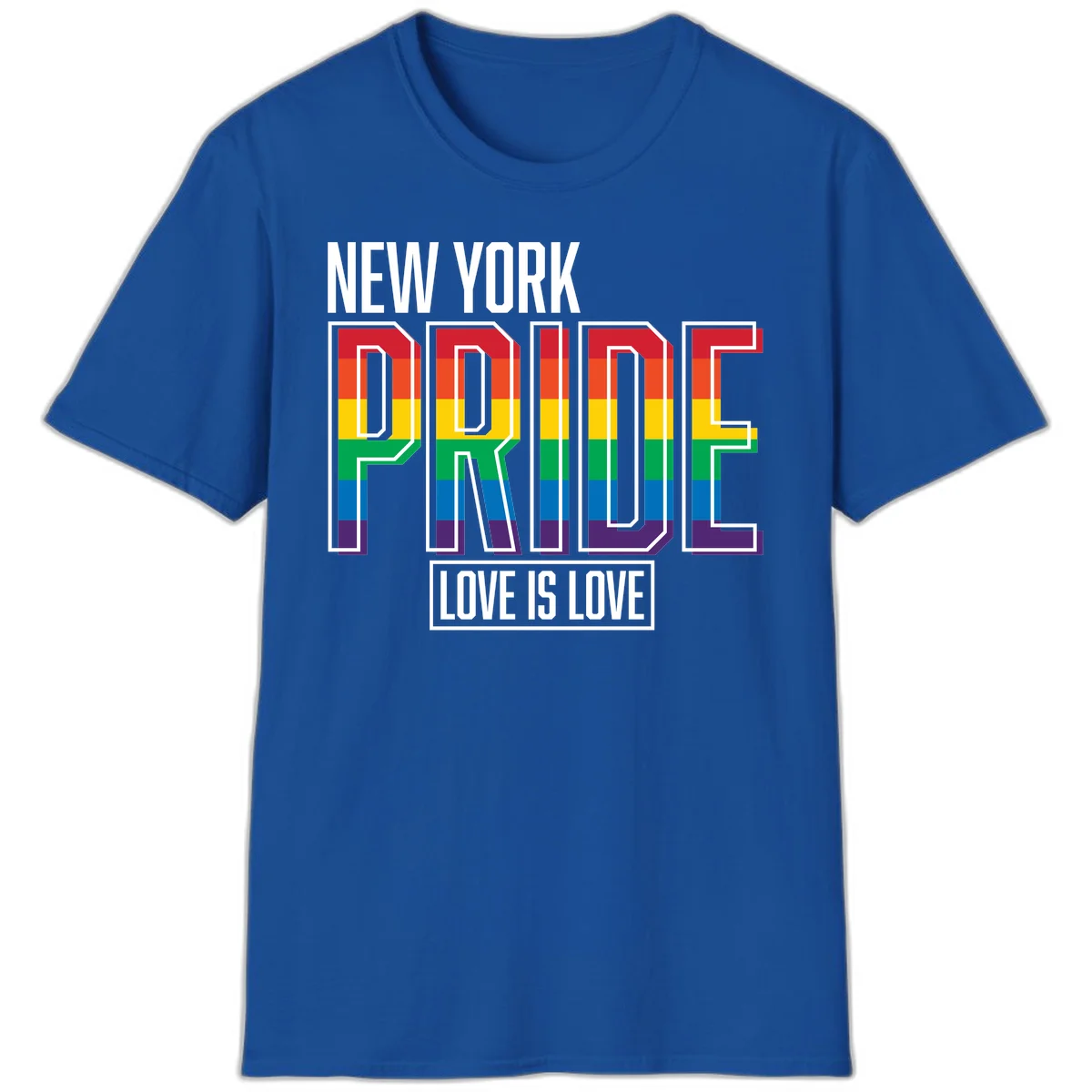 New York Pride Love Is Love design with bold rainbow-striped letters and pride flag colors on gray background in Royal