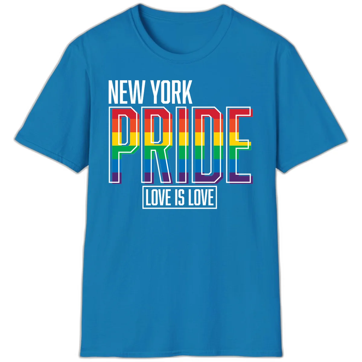 New York Pride Love Is Love design with bold rainbow-striped letters and pride flag colors on gray background in Sapphire