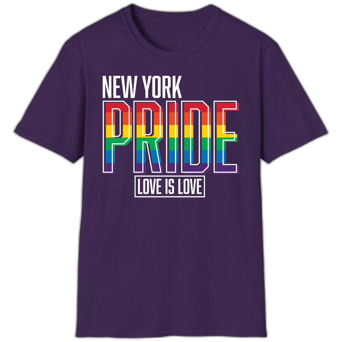 New York Pride Love Is Love design with bold rainbow-striped letters and pride flag colors on gray background in Purple
