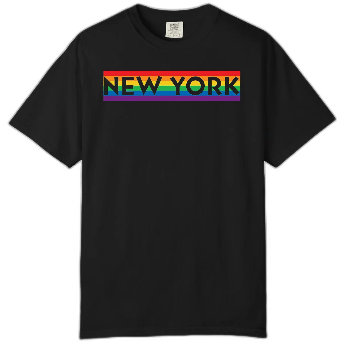 New York pride rainbow design with gray text over six-color pride flag stripes in red, orange, yellow, green, blue, and purple in Black