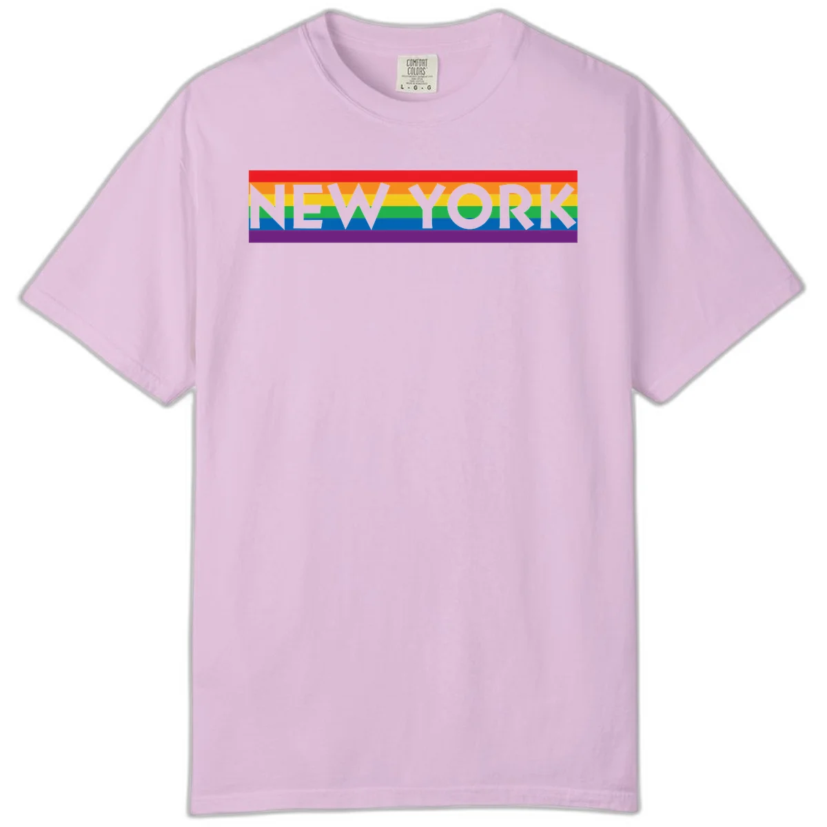 New York pride rainbow design with gray text over six-color pride flag stripes in red, orange, yellow, green, blue, and purple in Orchid