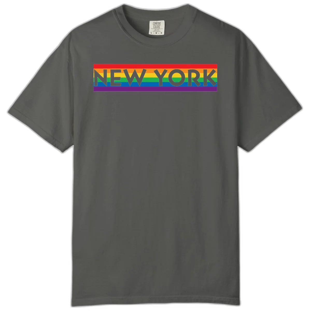 New York pride rainbow design with gray text over six-color pride flag stripes in red, orange, yellow, green, blue, and purple in Pepper
