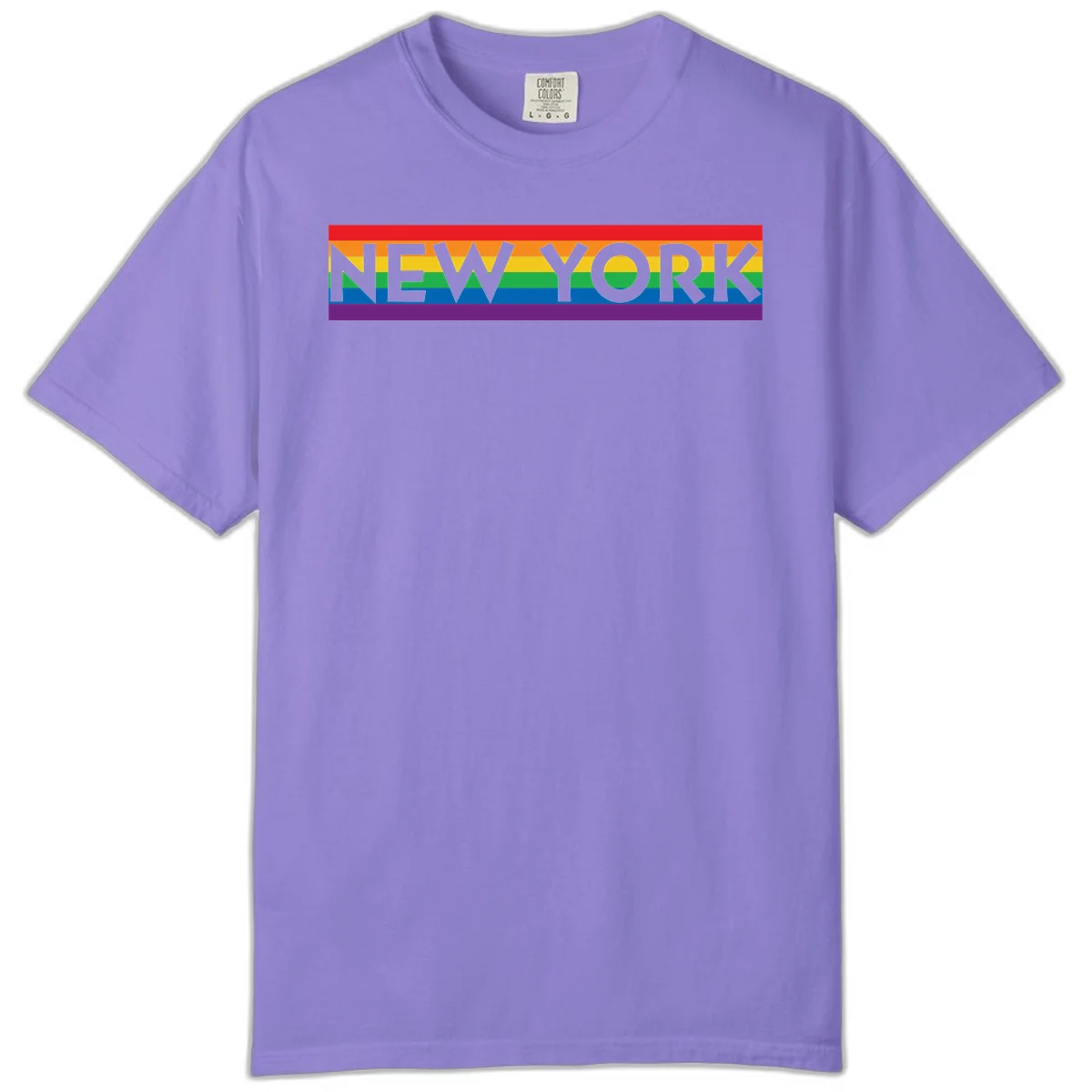 New York pride rainbow design with gray text over six-color pride flag stripes in red, orange, yellow, green, blue, and purple in Violet