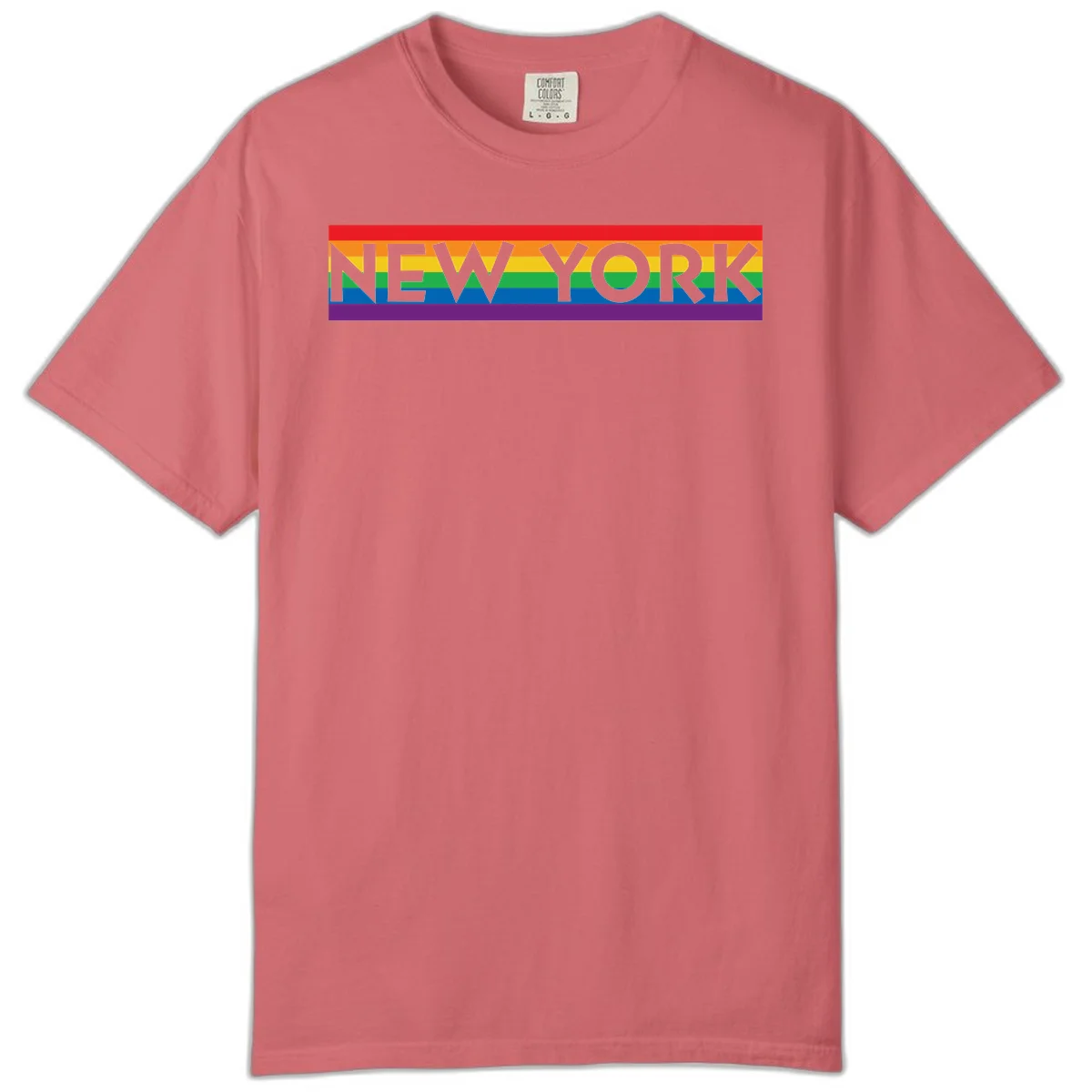 New York pride rainbow design with gray text over six-color pride flag stripes in red, orange, yellow, green, blue, and purple in Watermelon