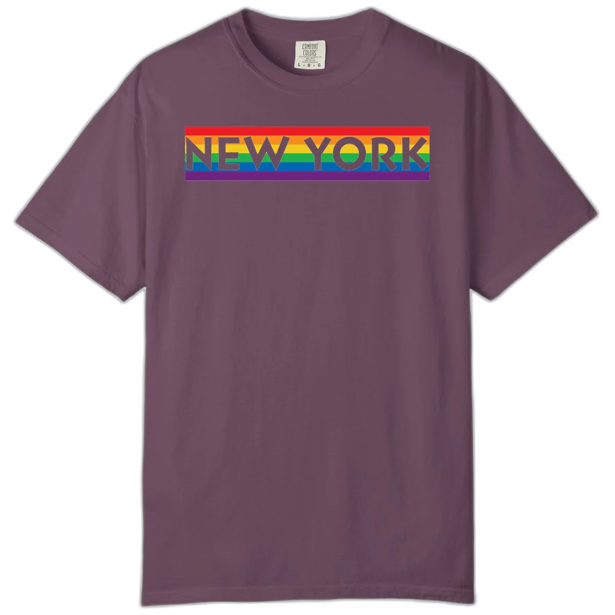 New York pride rainbow design with gray text over six-color pride flag stripes in red, orange, yellow, green, blue, and purple in Berry