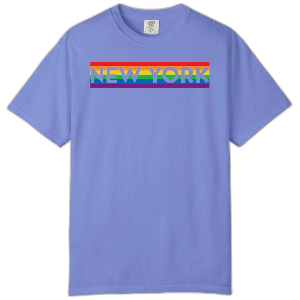 New York pride rainbow design with gray text over six-color pride flag stripes in red, orange, yellow, green, blue, and purple in Flo Blue