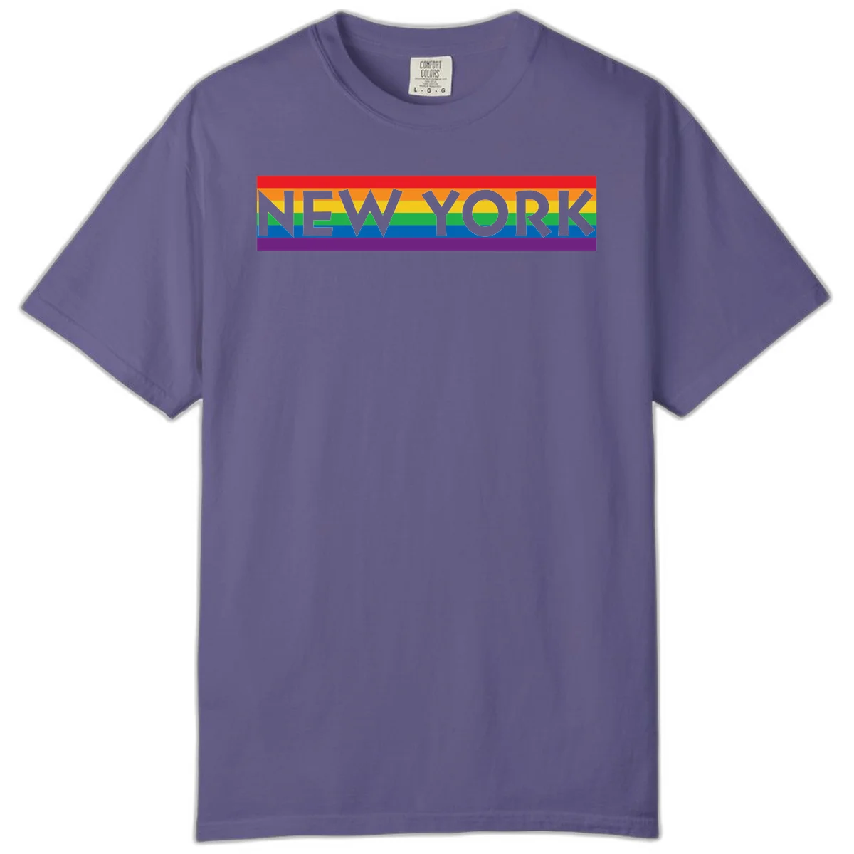 New York pride rainbow design with gray text over six-color pride flag stripes in red, orange, yellow, green, blue, and purple in Grape