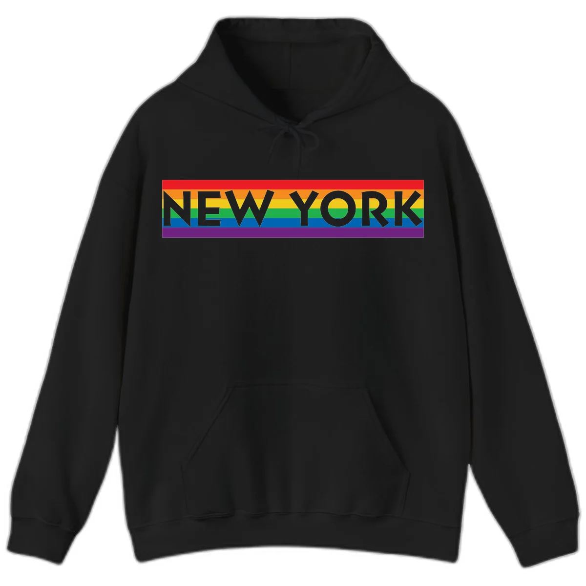 New York pride rainbow design with gray text over six-color pride flag stripes in red, orange, yellow, green, blue, and purple in Black