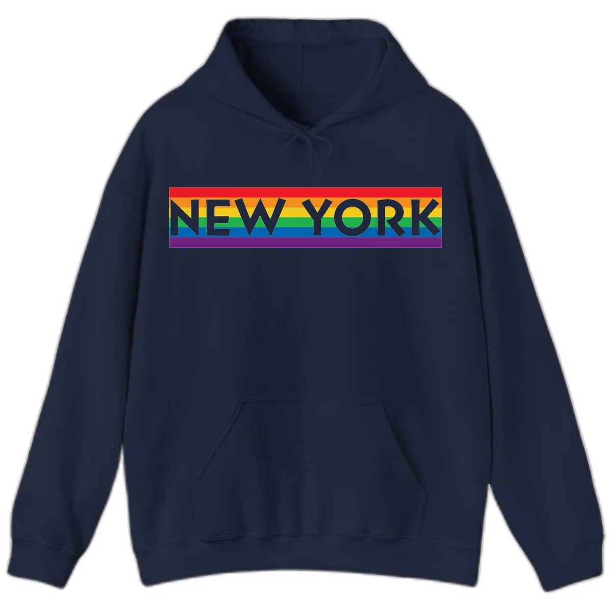 New York pride rainbow design with gray text over six-color pride flag stripes in red, orange, yellow, green, blue, and purple in Navy