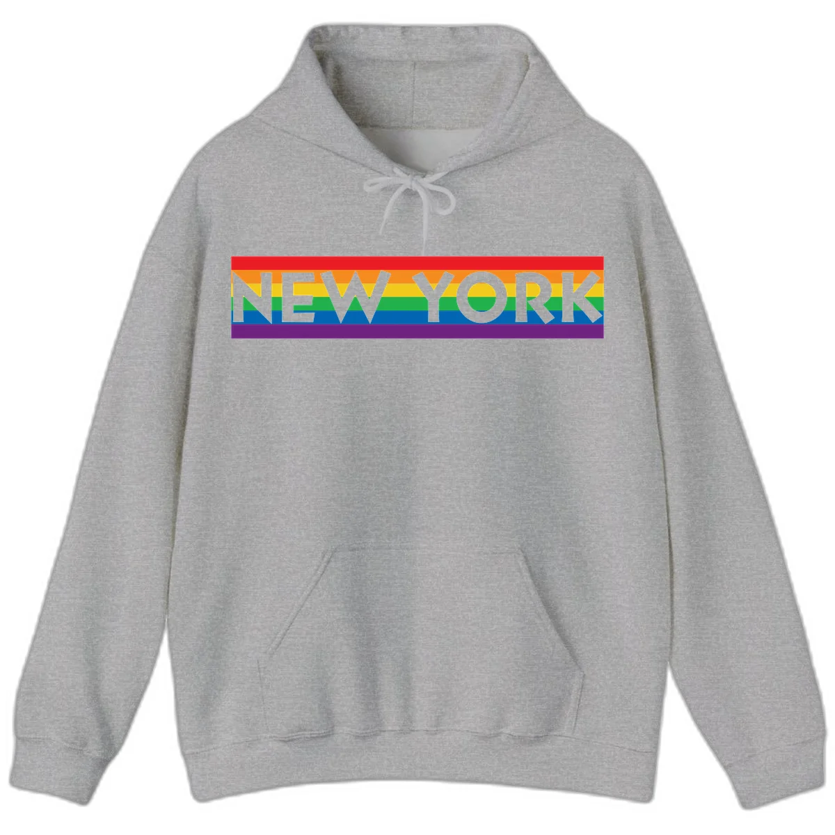 New York pride rainbow design with gray text over six-color pride flag stripes in red, orange, yellow, green, blue, and purple in Sport Grey