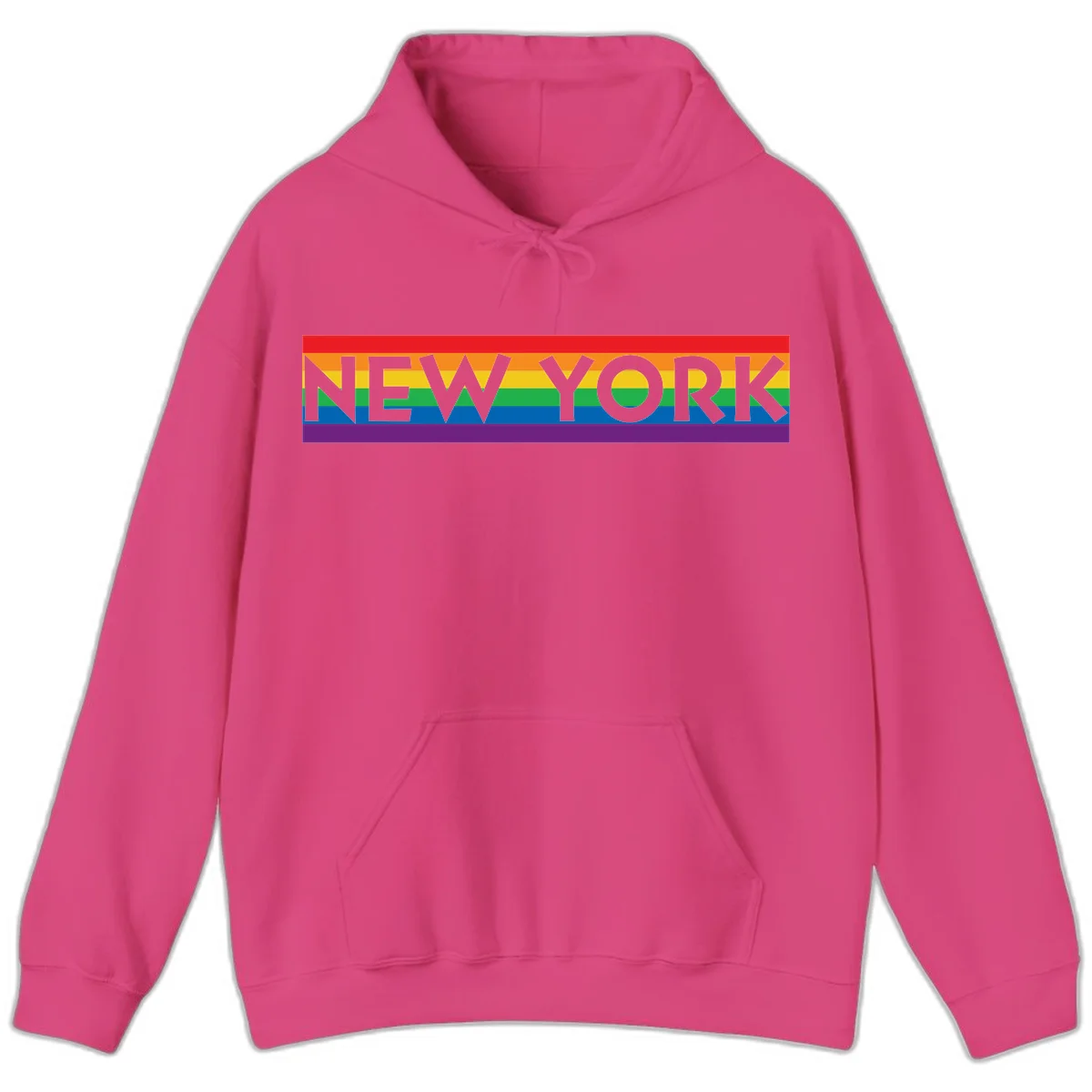 New York pride rainbow design with gray text over six-color pride flag stripes in red, orange, yellow, green, blue, and purple in Heliconia