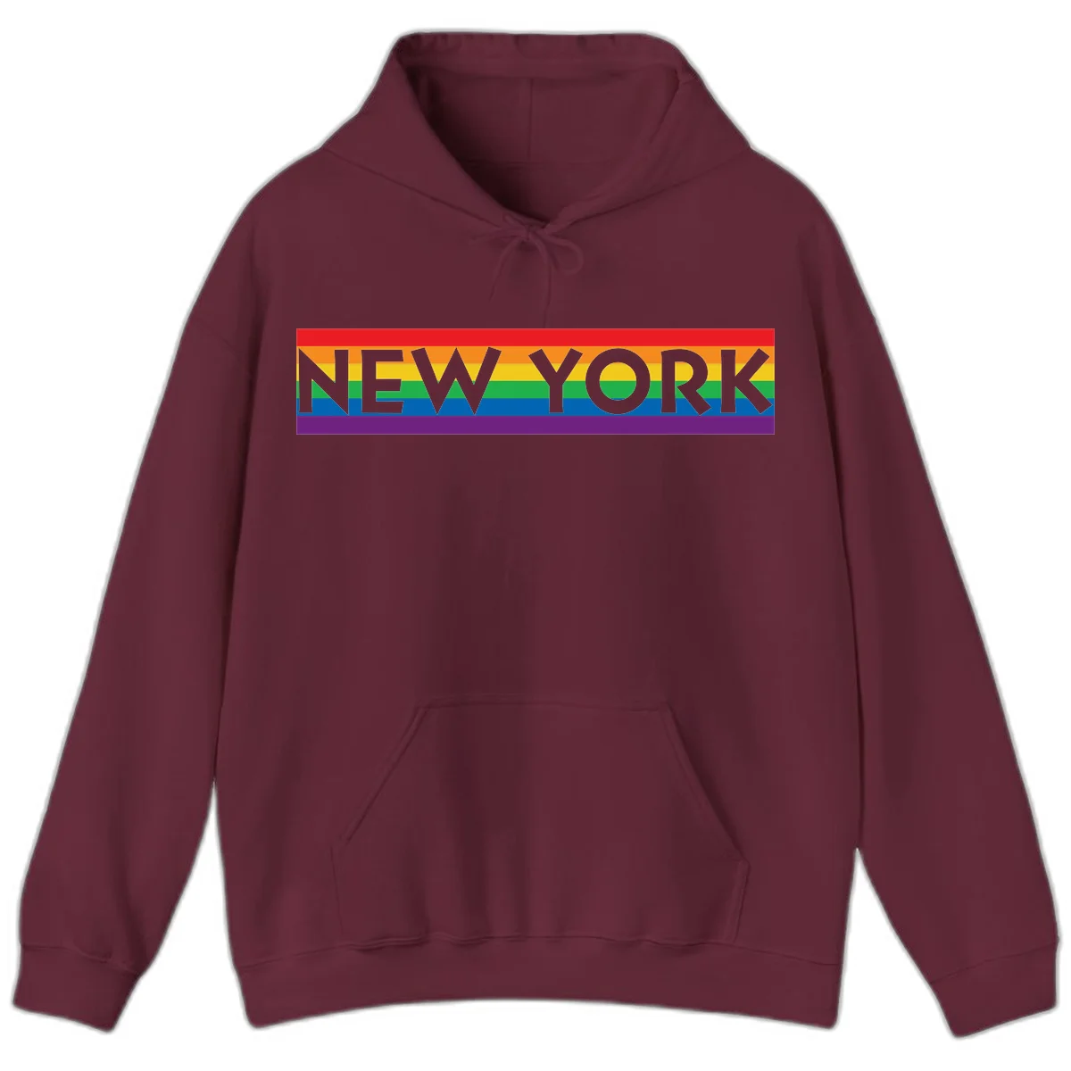 New York pride rainbow design with gray text over six-color pride flag stripes in red, orange, yellow, green, blue, and purple in Maroon