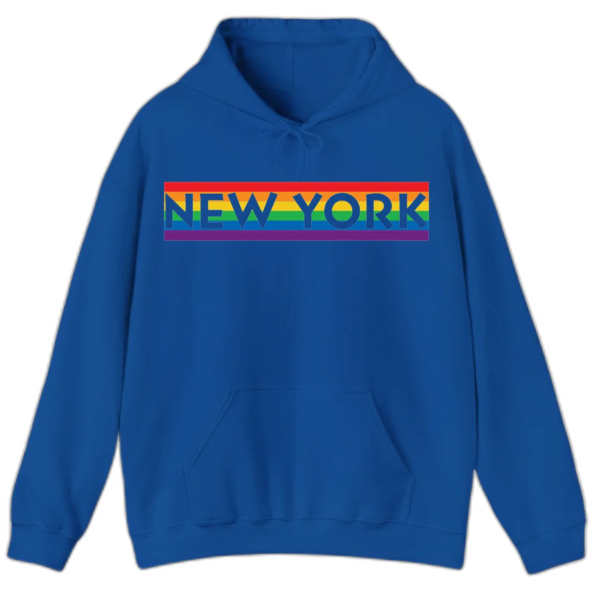 New York pride rainbow design with gray text over six-color pride flag stripes in red, orange, yellow, green, blue, and purple in Royal