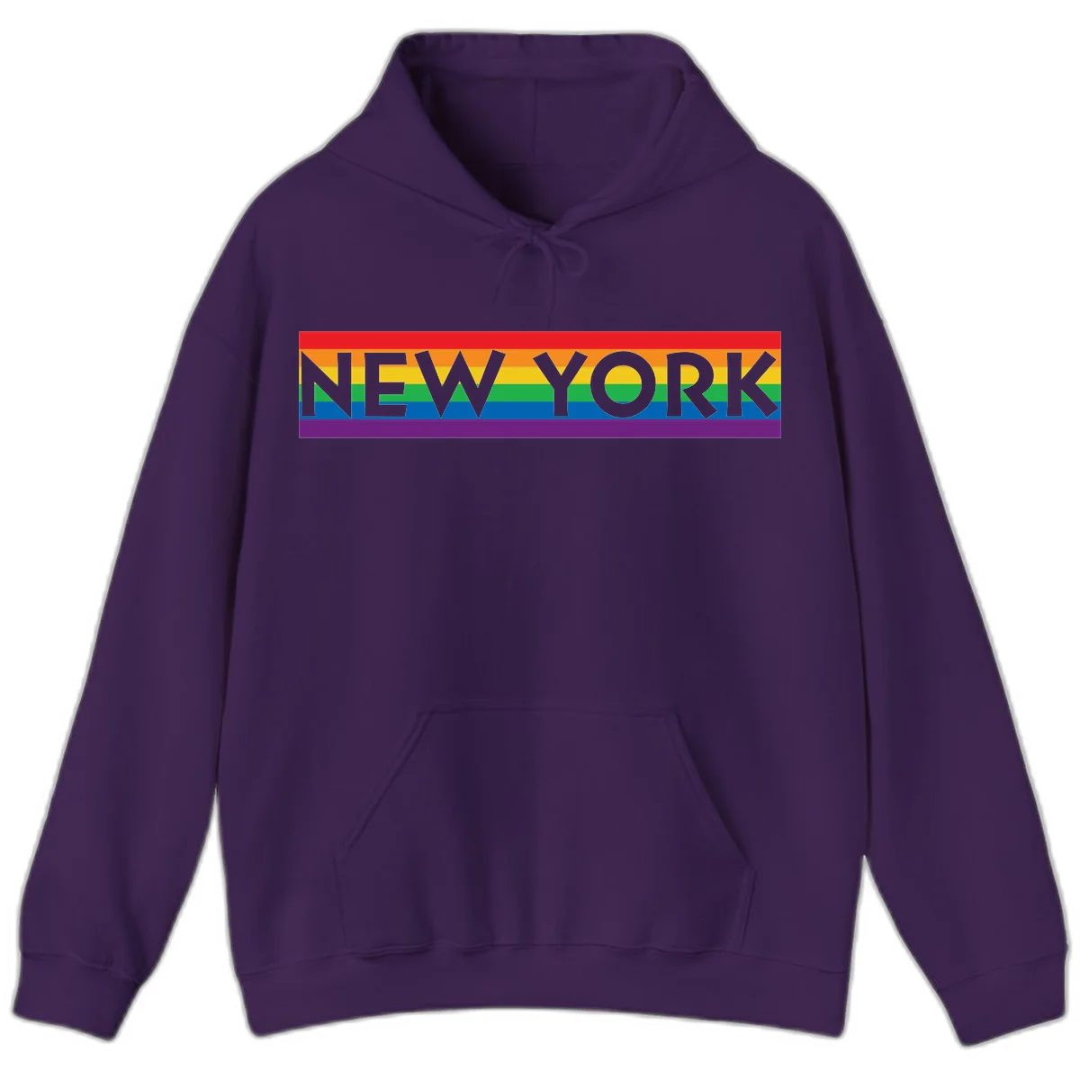 New York pride rainbow design with gray text over six-color pride flag stripes in red, orange, yellow, green, blue, and purple in Purple